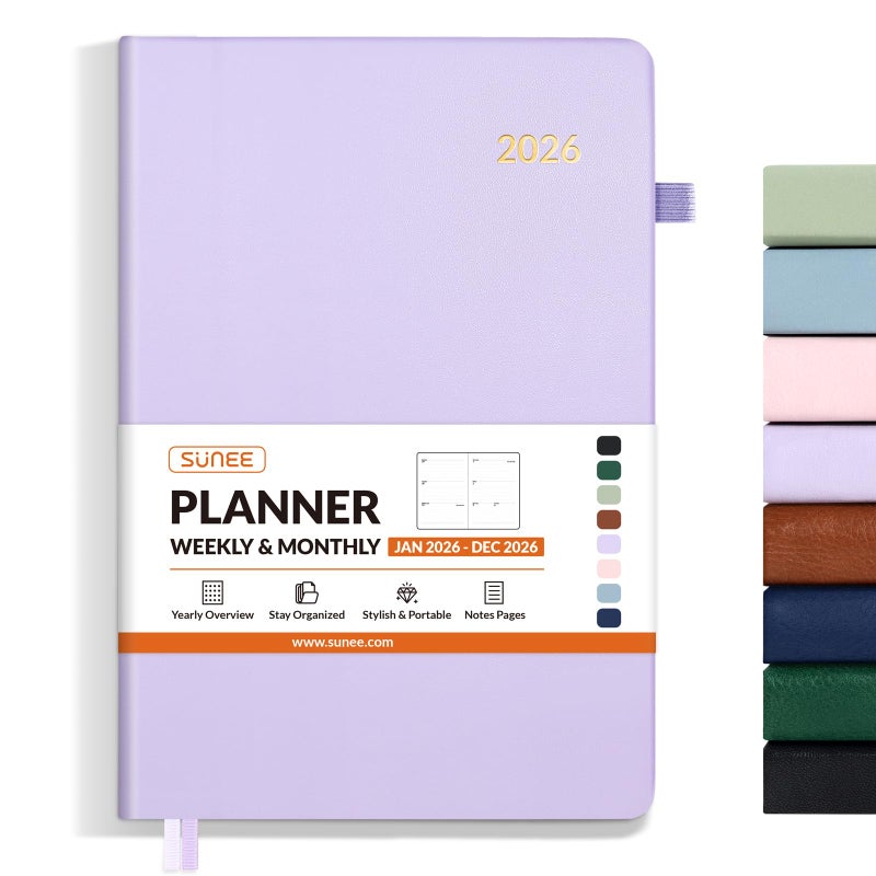 SUNEE 2026 Weekly & Monthly Hardcover Planner 5.5"" x 8.3"" - 12 Month (January 2026 - December 2026), Small Hardcover Planner, Pocket, Notes, 100 GSM Paper, Purple - Image 1